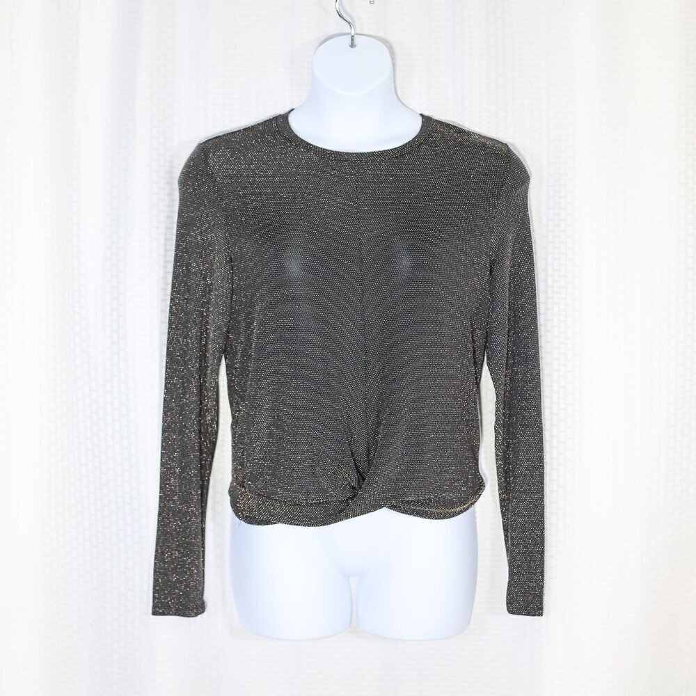 ShineStar Size L black/gold sparkle long sleeve twist front lightweight blouse